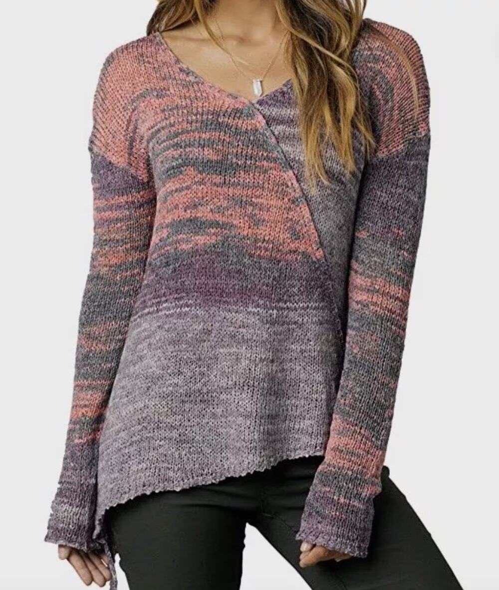 prAna Womens Vignette V-Neck Knit Sweater Asymmetrical Tart Grey/Purple Medium